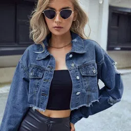 LULU & SKY Women Solid Crop Denim Jacket-picture-19