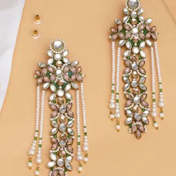 BeAbhika Gold-Plated Floral Kundan Stone Studded & Pearls Beaded Drop Earrings-picture-36