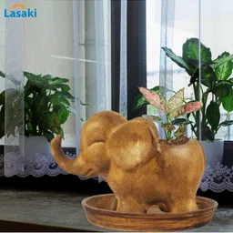 LASAKI Brown Ceramic Planter With Plate image 2