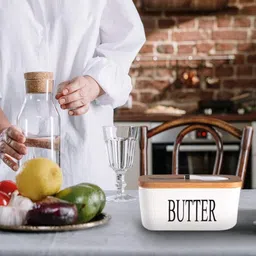 rvke Ceramic Butter Box with Wooden Lid & Knife, Airtight Butter Container for Fridge Butter Dish Serving Set image 2
