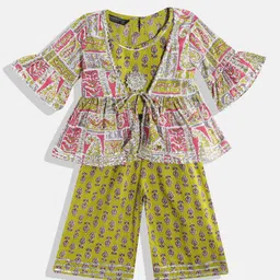 Readiprint Fashions Girls Green Floral Printed Empire Gotta Patti Pure Cotton Top with Palazzos image 1