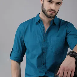 Roadster Men Teal Blue Solid Casual Cotton Shirt-image-5