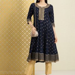 House of Pataudi Women Navy Blue Ethnic Motifs Print Thread Work Anarkali Kurta-picture-38