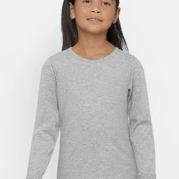 SINI MINI Girls Grey Melange Solid Round Neck Pure Cotton T-shirt image 1