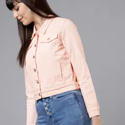 Tokyo Talkies Women Peach-Coloured Solid Denim Jacket-picture-13