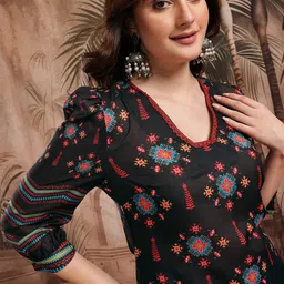 Sangria Ethnic Motifs Printed Puff Sleeves Straight Kurta image 5