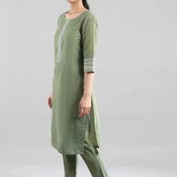 AURELIA Women Green & White Yoke Design Kurta image 5
