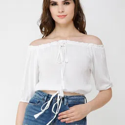 Cation White Off-Shoulder Solid Bardot Top image 1