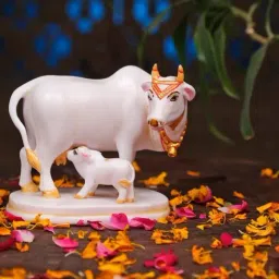 Ekaa Handicrafts Hand Painted Cultured Marble Cow & Calf Idol Figurine Home Decor Kamdhenu Showpiece-picture-25