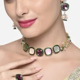 Zaveri Pearls Multi Colour Multistrand Beaded Cluster Choker Necklace Earring & Ring Set-ZPFK16494-picture-21
