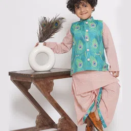 Little Bansi Peacock Feather Print Jacket With Golden Stripes Kurta And Dhoti - Blue & Peach-picture-16