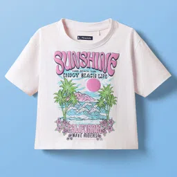 Pine Kids Cotton Knit Half Sleeves Oversize Shoulder Drop T-Shirt With Sunshine Text Print - White-image-46