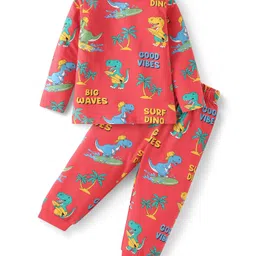 Babyhug Cotton Knit Full Sleeves Night Suit With Dino Print - Red-picture-21