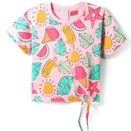 Babyhug Cotton Knit Half Sleeves T-Shirt with Tropical Print & Knot Detailing Print - Pink-picture-25