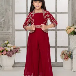 Tiny Kingdom Georgette Floral Embroidered Top Palazzo With Three Fourth Sleeves Jacket Set - Pink-image-42