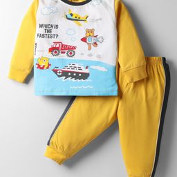 CUCUMBER Sinker Knit Full Sleeves T-Shirt & Jogger Set with Animal Print - Yellow-picture-2