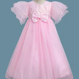 Babyhug Woven Half Sleeves Party Gown With Bow Applique & Sequin Detailing - Pink-picture-10