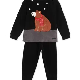 Cherry Crumble By Nitt Hyman Knit Full Sleeves Bear Embroidered Unisex Winter Night Suit Set - Black-picture-17