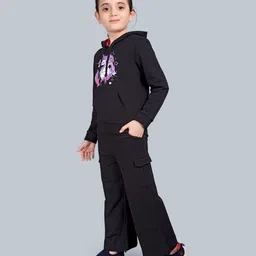 Plum Tree 100% Cotton Knit Full Sleeves Unicorn Printed Light Winter Hooded Sweatshirt & Cargo Flared Pants Set - Jet Black-picture-12