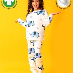 Anthrilo Fleece Knit Full Sleeves Elephant Printed Coordinating Winter Sweatshirt & Jogger Set - White-picture-32