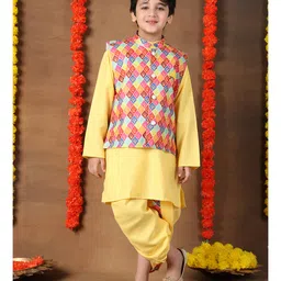Superminis Cotton Woven Full Sleeves Solid Kurta Dhoti With Ethnic Motifs Printed Jacket Set - Yellow-picture-28