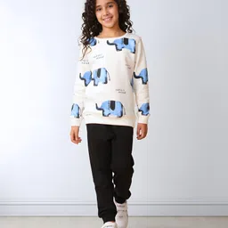 Anthrilo Fleece Knit Full Sleeves Baby Elephant Printed Sweatshirt & Joggers Set - White & Black-picture-30