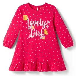 Babyhug Cotton Knit Full Sleeves Nighty with Polka Dot & Text Print - Red-picture-15