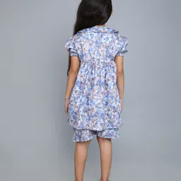 Little Clothing Cotton Woven Half Sleeves Floral Printed Coordinating Top & Shorts Night Suit Set - Blue image 3