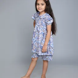 Little Clothing Cotton Woven Half Sleeves Floral Printed Coordinating Top & Shorts Night Suit Set - Blue image 4