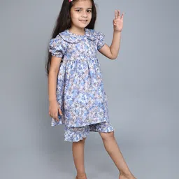 Little Clothing Cotton Woven Half Sleeves Floral Printed Coordinating Top & Shorts Night Suit Set - Blue image 5