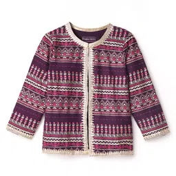 EARTHY TOUCH Single Jersey Knit Full Sleeves Choli Lehenga Set with Dupatta & Jacket Floral Print & Lace Detailing - Purple image 5