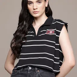 The Roadster Lifestyle Co. Women Striped Polo Collar Boxy T-shirt-picture-11