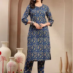 SkyaSia Geometric Printed Round Neck Pure Cotton Straight Kurta With Trousers-picture-41