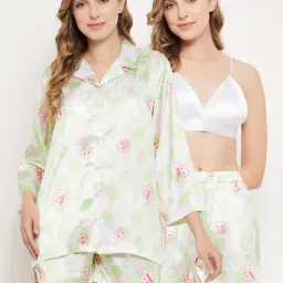 Clovia White Printed Shirt & Shorts With Bralette Set-image-36