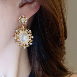 DIVASTRI Korean Gold-Plated Stones Studded & Pearls Beaded Oval Shaped Drop Earrings image 4