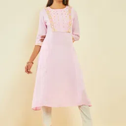 Soch Pink Cotton Embroidered A-Line Dress Kurta with Pocket-image-12