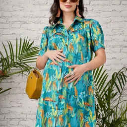 angloindu Floral Print Satin Maternity Shirt Dress-picture-30