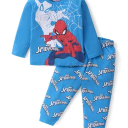 babyhug disney Babyhug Marvel Single Jersey Full Sleeves Pyjama Set With Spider Man Graphics - Blue-picture-25