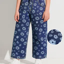 Babyhug Denim Full Length Stretch Jeans With Floral Print - Blue-picture-24