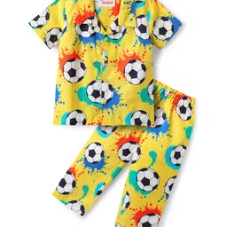 Babyhug Cotton Woven Half Sleeves Co-ords Night Suit With Football Print - Yellow-image-88