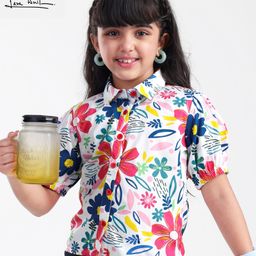arias by lara dutta Arias Cotton Woven Half Balloon Sleeves Top with Floral Print - White-picture-1