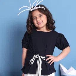 BaawRi Cotton Knit Half Puffed Sleeves Front Knot Detailed Solid Top - Navy Blue-picture-17