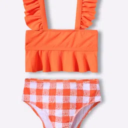 KIDLINGSS Sleeveless Solid Ruffle Detailed Spaghetti Style & Checked 2 Piece Swimsuit - Neon Orange-image-82