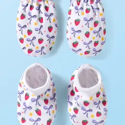 Babyhug 100% Cotton Knit Mittens & Booties Set with Strawberry Print - White-picture-18