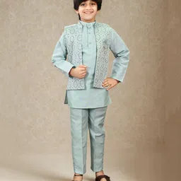 BT DEZINES Cotton Silk Woven Full Sleeves Solid Kurta Pant With Geometric Embroidered Jacket Set - Aqua Blue-picture-16