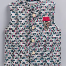 LITTLE COLLARS Cotton Blend Full Sleeves Ikat Printed Kurta Pyjama With Thread Work Detailed Nehru Jacket Set - Blue image 4