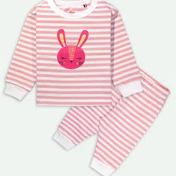 Ariel Pure Cotton Full Sleeves Bunny Printed & Striped Tee With Coordinating Pajama Set - Pink image 3
