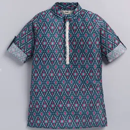 LITTLE COLLARS Cotton Blend Full Sleeves Ikat Printed Kurta Pyjama With Thread Work Detailed Nehru Jacket Set - Blue image 5