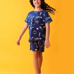 Anthrilo 100% Organic Cotton Knit Half Sleeves Space Theme Printed Coordinating Night Suit Set - Blue image 5