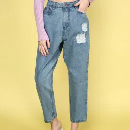 JUNEBERRY Blue Cotton Distressed High Rise Jeans-image-11